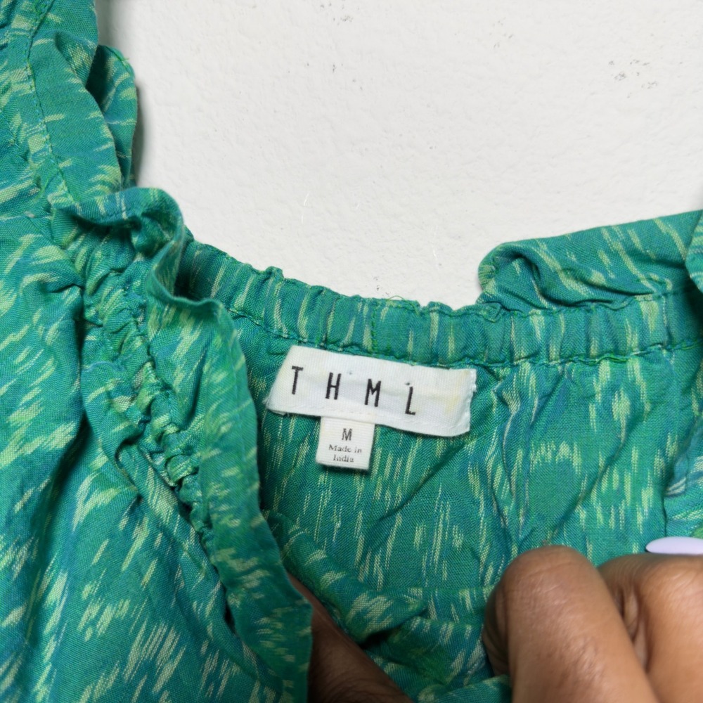 THML Women Preppy Top Medium Green Ikat Off The Shoulder Ruffle Embellishment - Picture 3 of 7